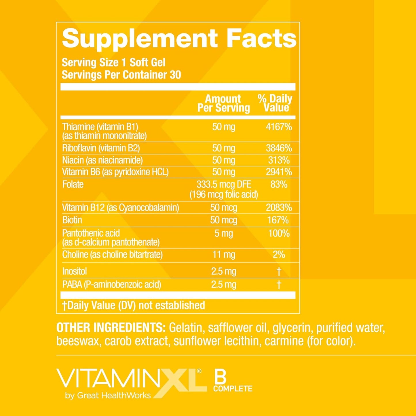 OmegaXL VitaminXL B Complete: Full Spectrum B Complex with B1, B5, B6, B12, Biotin, Niacin, Riboflavin, Folate, Choline, and Inositol - 30 Soft Gels