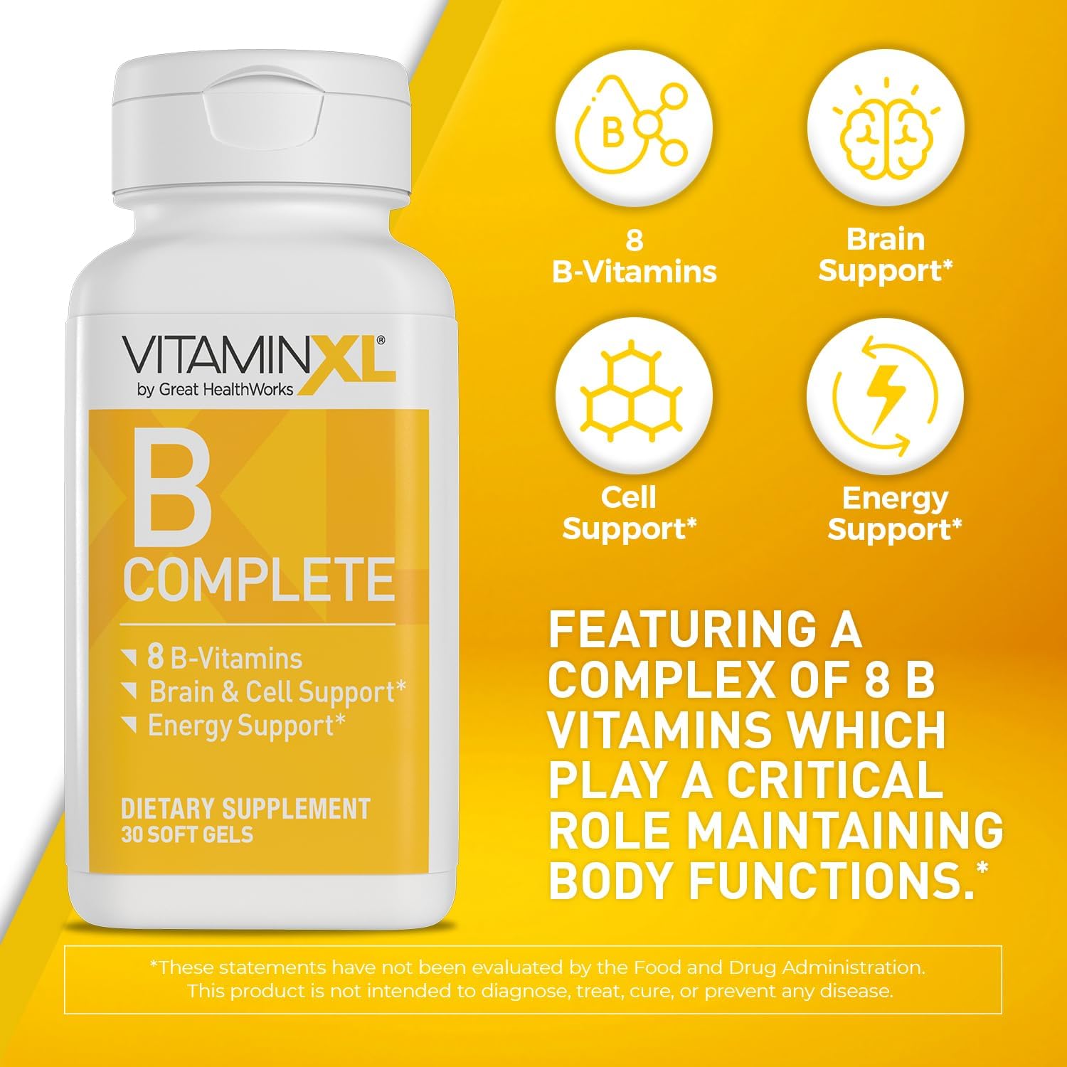 OmegaXL VitaminXL B Complete: Full Spectrum B Complex with B1, B5, B6, B12, Biotin, Niacin, Riboflavin, Folate, Choline, and Inositol - 30 Soft Gels
