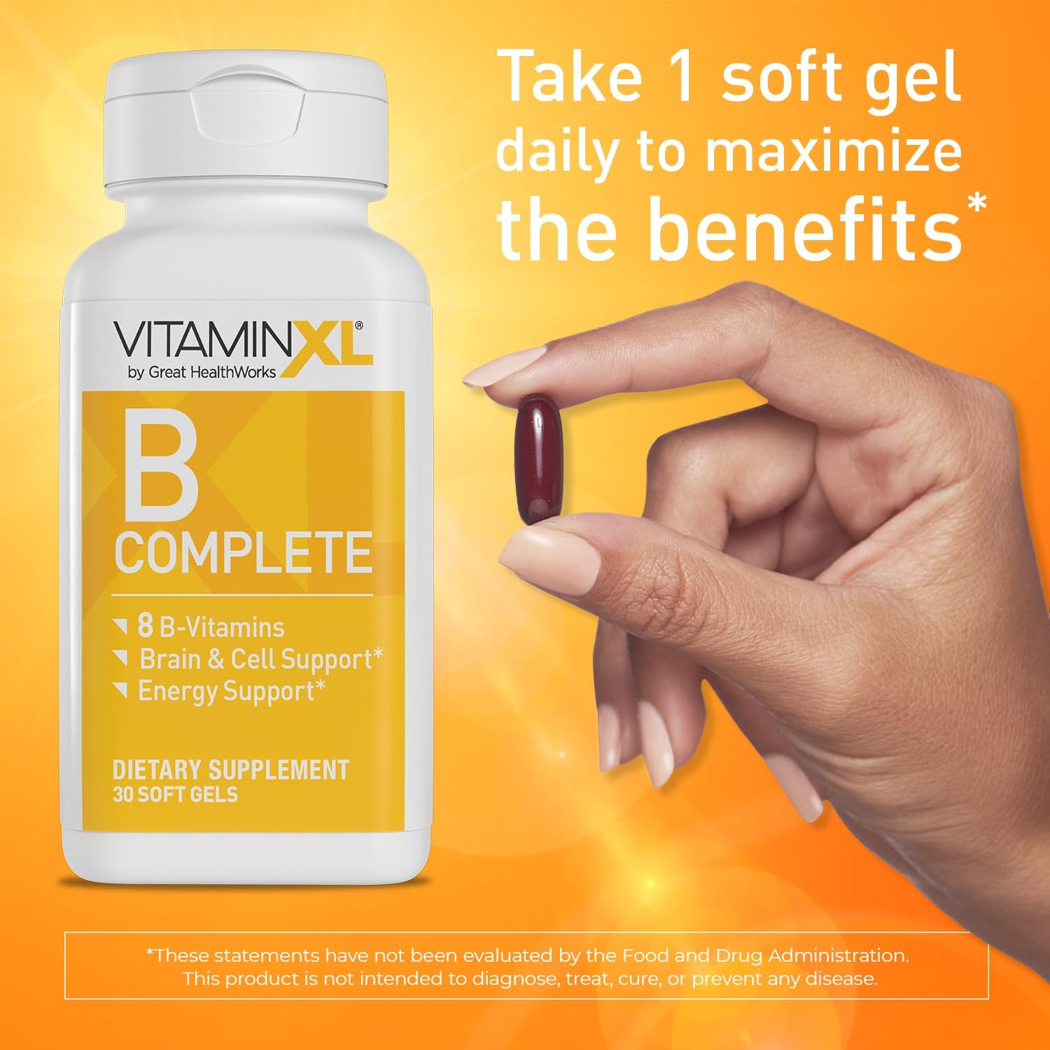OmegaXL VitaminXL B Complete: Full Spectrum B Complex with B1, B5, B6, B12, Biotin, Niacin, Riboflavin, Folate, Choline, and Inositol - 30 Soft Gels