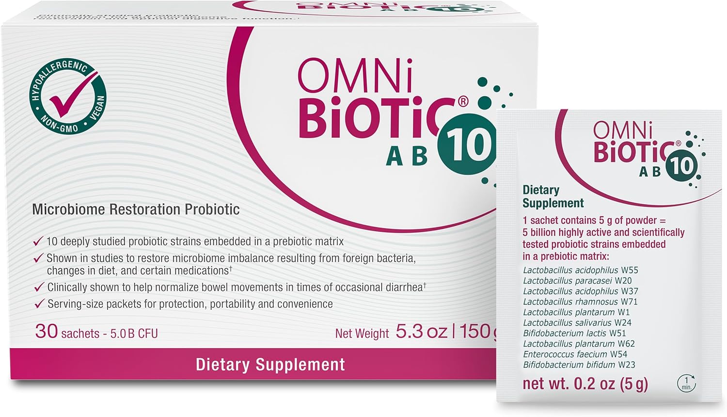 OMNi BiOTiC AB 10 Probiotic - Clinically Tested for Gut Health - Supports Digestion & Gut Flora - Diarrhea Relief - Vegan & Non-GMO (30 Packets)