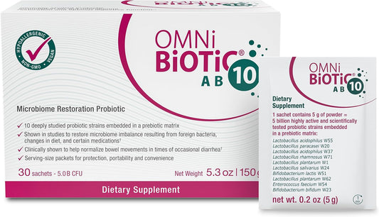OMNi BiOTiC AB 10 Probiotic - Clinically Tested for Gut Health - Supports Digestion & Gut Flora - Diarrhea Relief - Vegan & Non-GMO (30 Packets)