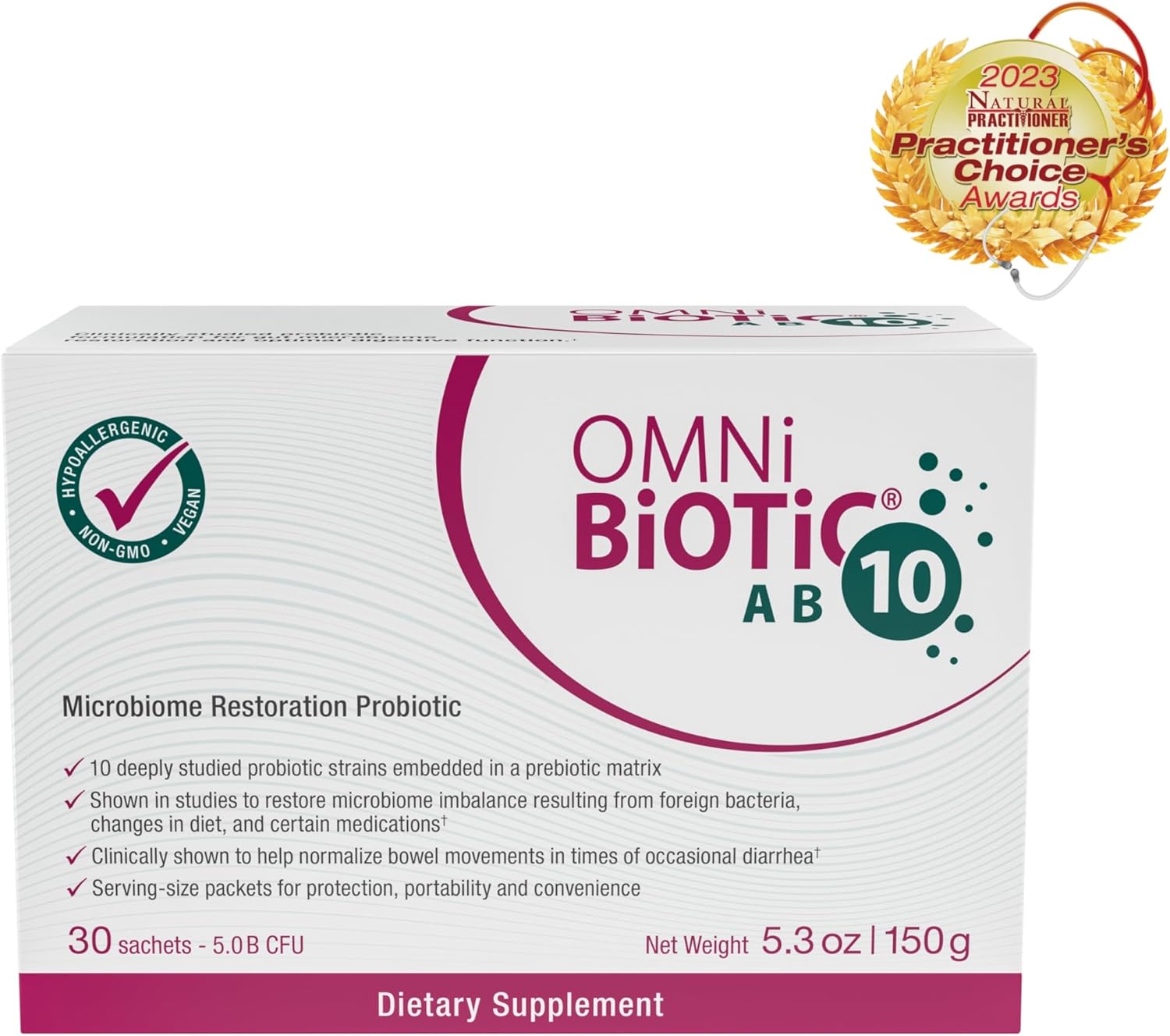 OMNi BiOTiC AB 10 Probiotic - Clinically Tested for Gut Health - Supports Digestion & Gut Flora - Diarrhea Relief - Vegan & Non-GMO (30 Packets)