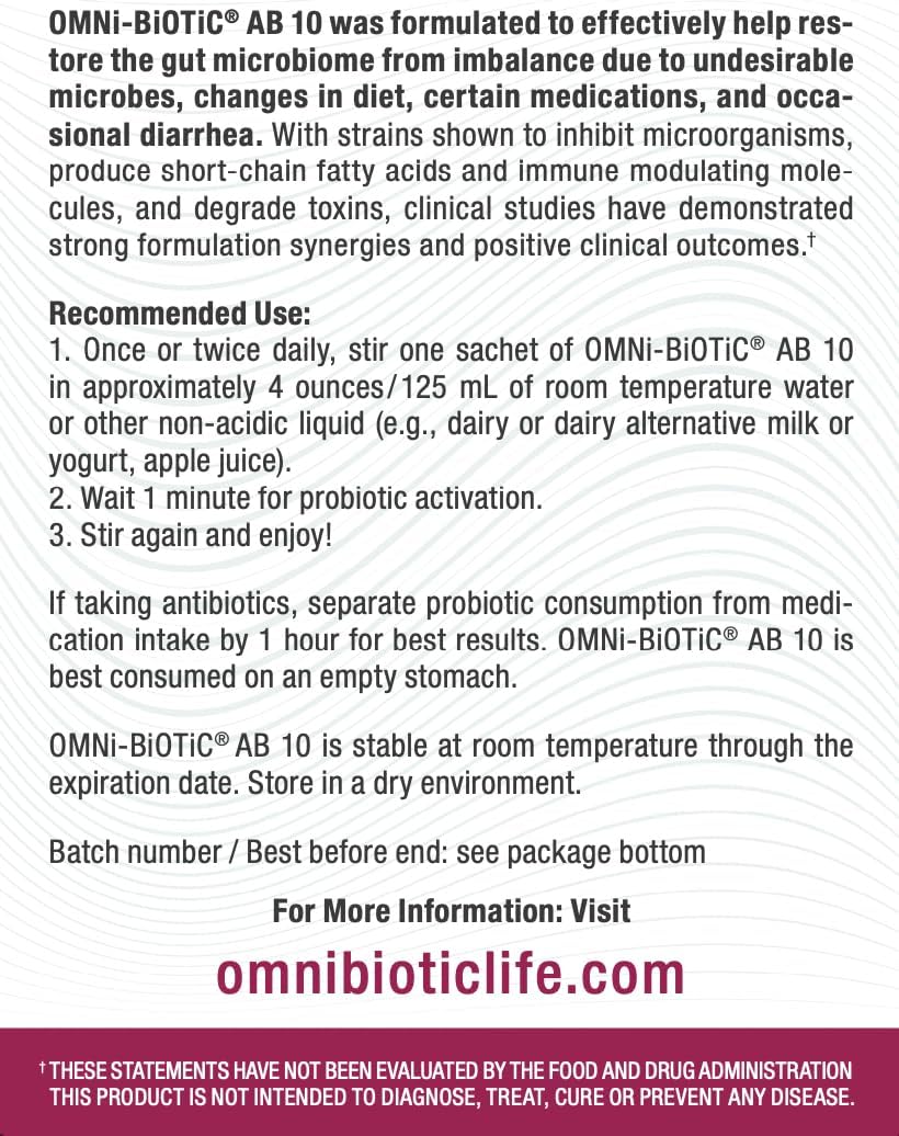 OMNi BiOTiC AB 10 Probiotic - Clinically Tested for Gut Health - Supports Digestion & Gut Flora - Diarrhea Relief - Vegan & Non-GMO (30 Packets)