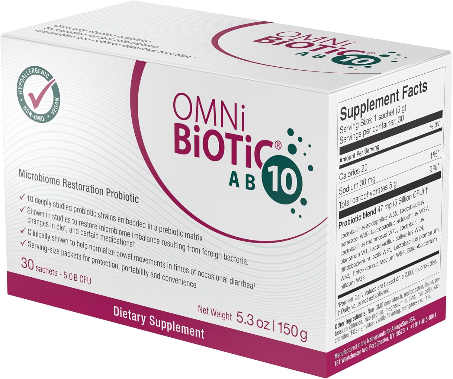 OMNi BiOTiC AB 10 Probiotic - Clinically Tested for Gut Health - Supports Digestion & Gut Flora - Diarrhea Relief - Vegan & Non-GMO (30 Packets)