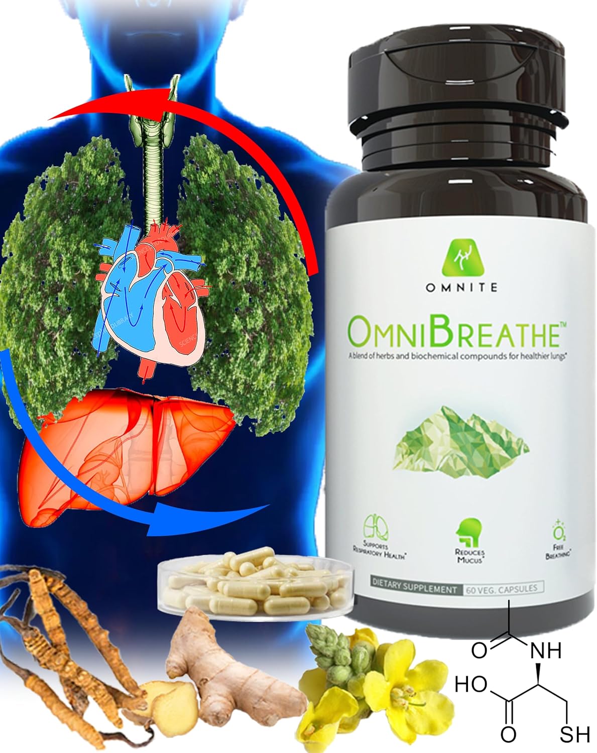 Omnite OMNIBREATHE Respiratory Health Support Supplement - Inhaler Mate for Quit Smoking, Asthma Relief, Clear Airways, Reduce Cough - 60 Veg Capsules