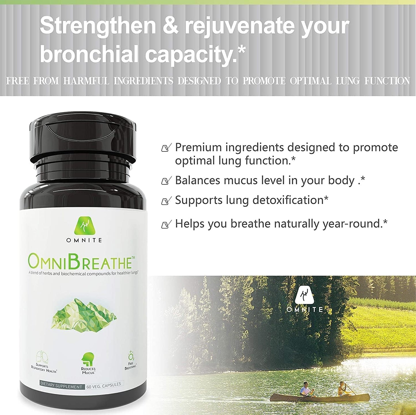 Omnite OMNIBREATHE Respiratory Health Support Supplement - Inhaler Mate for Quit Smoking, Asthma Relief, Clear Airways, Reduce Cough - 60 Veg Capsules