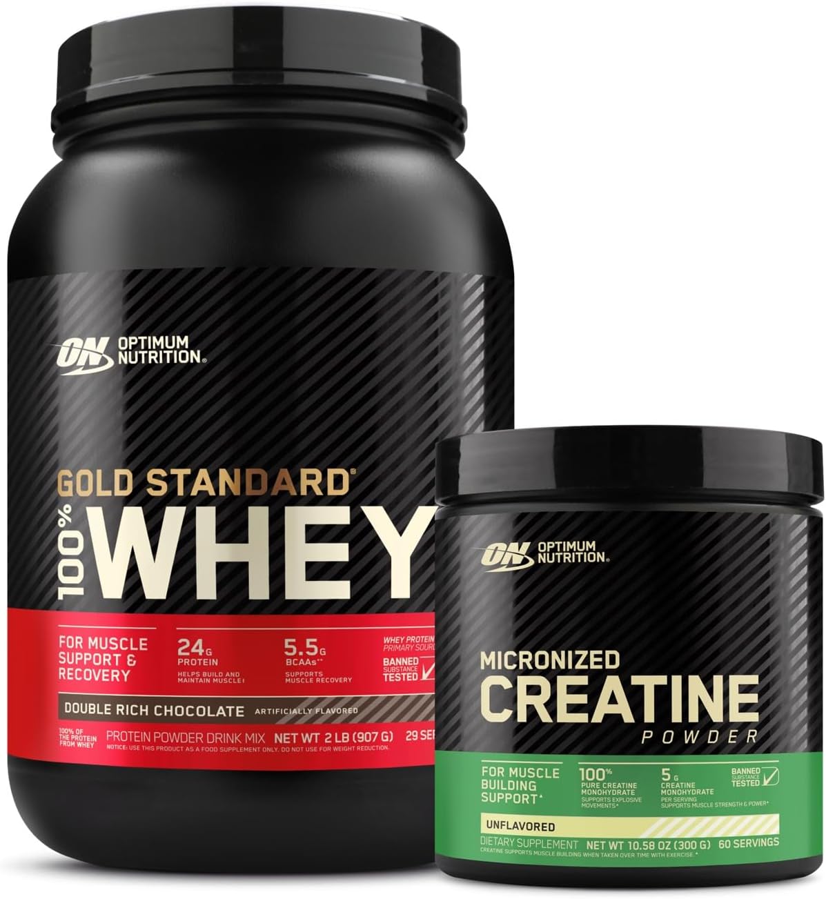 ON Gold Standard Whey Protein Isolate + Micronized Creatine Combo - Double Rich Chocolate, 2 Lbs + Unflavored, 300g