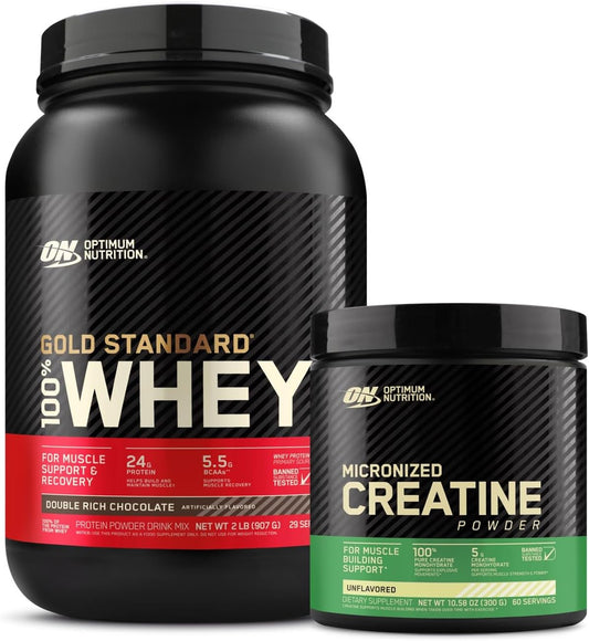 ON Gold Standard Whey Protein Isolate + Micronized Creatine Combo - Double Rich Chocolate, 2 Lbs + Unflavored, 300g