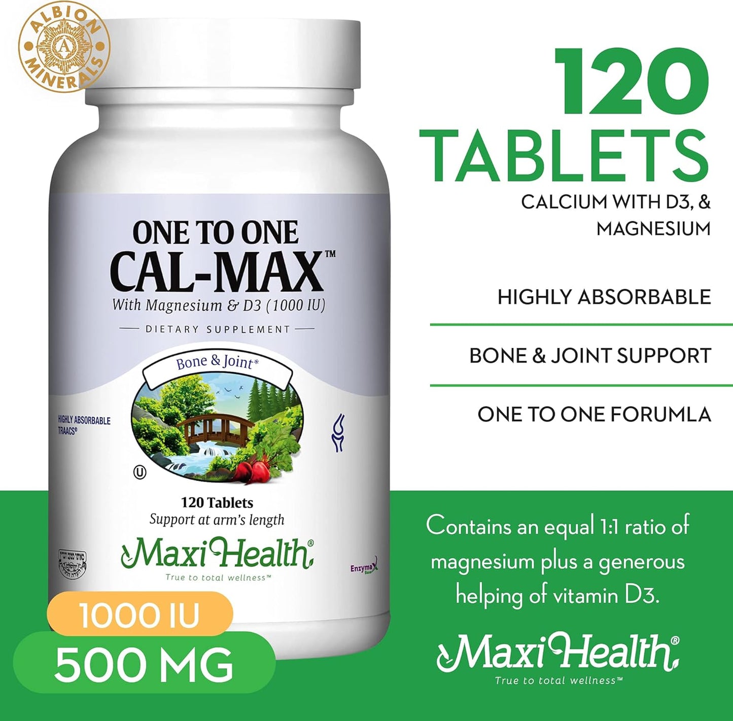One to One Cal-Max: 500mg Calcium, 1000 IU Vitamin D3, 500mg Magnesium Tablets for Bone, Teeth, and Joint Support