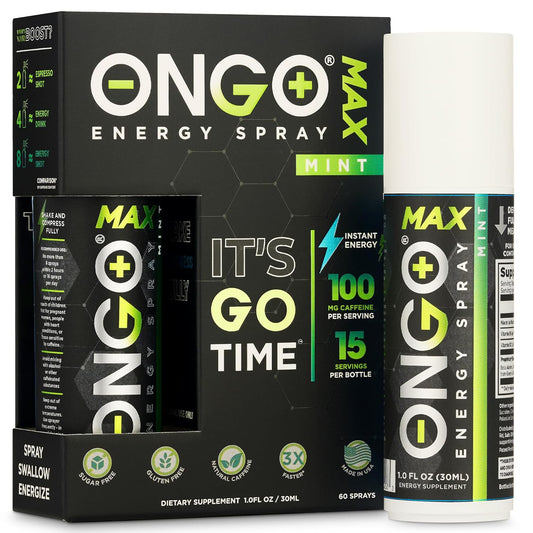 OnGo Energy Spray MAX: 100mg Natural Caffeine, B3, B6, B12 & Taurine for Fast-Acting Energy - Sugar-Free, Gluten-Free, Mint Flavor - 15 Servings - USA Made