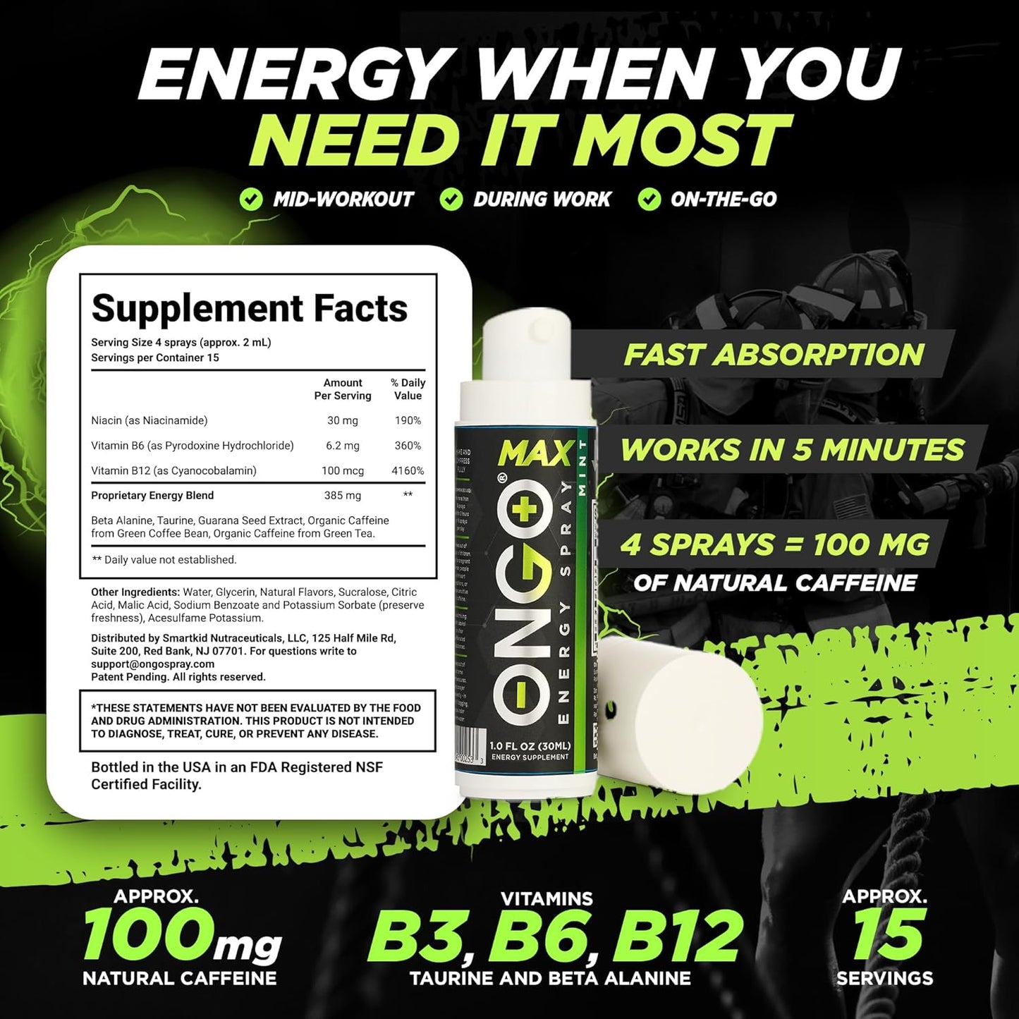 OnGo Energy Spray MAX: 100mg Natural Caffeine, B3, B6, B12 & Taurine for Fast-Acting Energy - Sugar-Free, Gluten-Free, Mint Flavor - 15 Servings - USA Made