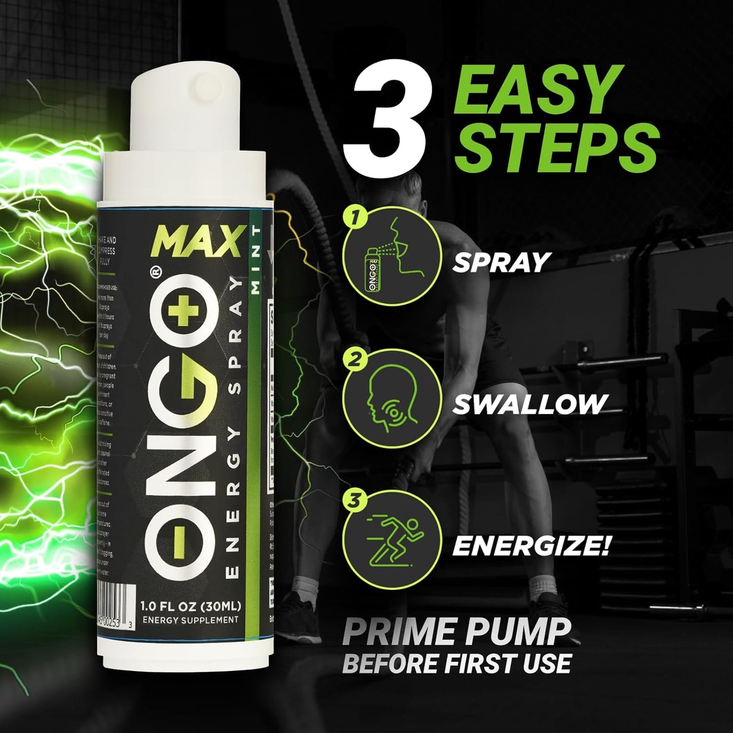OnGo Energy Spray MAX: 100mg Natural Caffeine, B3, B6, B12 & Taurine for Fast-Acting Energy - Sugar-Free, Gluten-Free, Mint Flavor - 15 Servings - USA Made