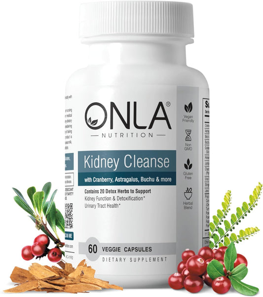 ONLA Vegan Kidney Cleanse Capsules - 20-in-1 Natural Urinary Tract Supplement for Kidney & Bladder Support - Detox & Repair with Cranberry, Astragalus, Buchu, Uva Ursi - 60 Capsules