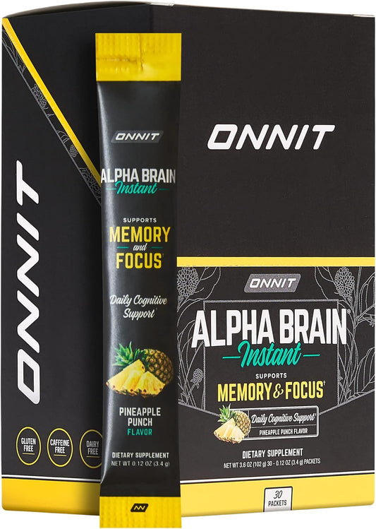 ONNIT Alpha Brain Instant - Pineapple Punch Nootropic Brain Booster Supplement - Cognitive Support for Focus, Energy, Clarity - Alpha GPC, Cats Claw, L-Theanine, Bacopa - 30ct