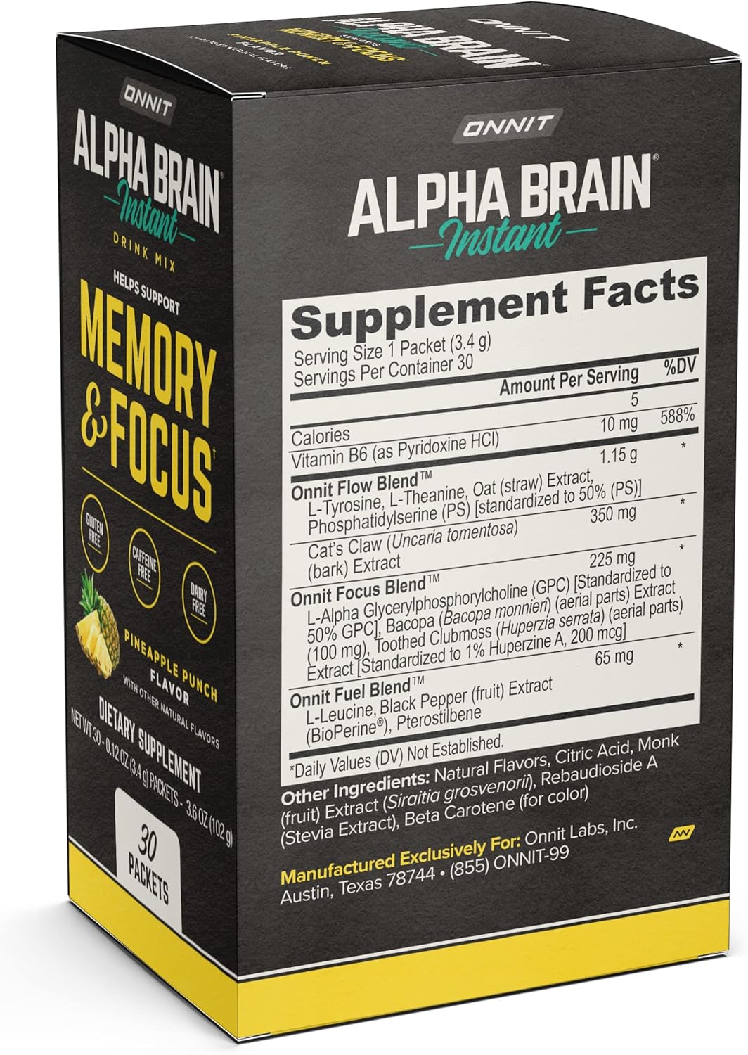 ONNIT Alpha Brain Instant - Pineapple Punch Nootropic Brain Booster Supplement - Cognitive Support for Focus, Energy, Clarity - Alpha GPC, Cats Claw, L-Theanine, Bacopa - 30ct