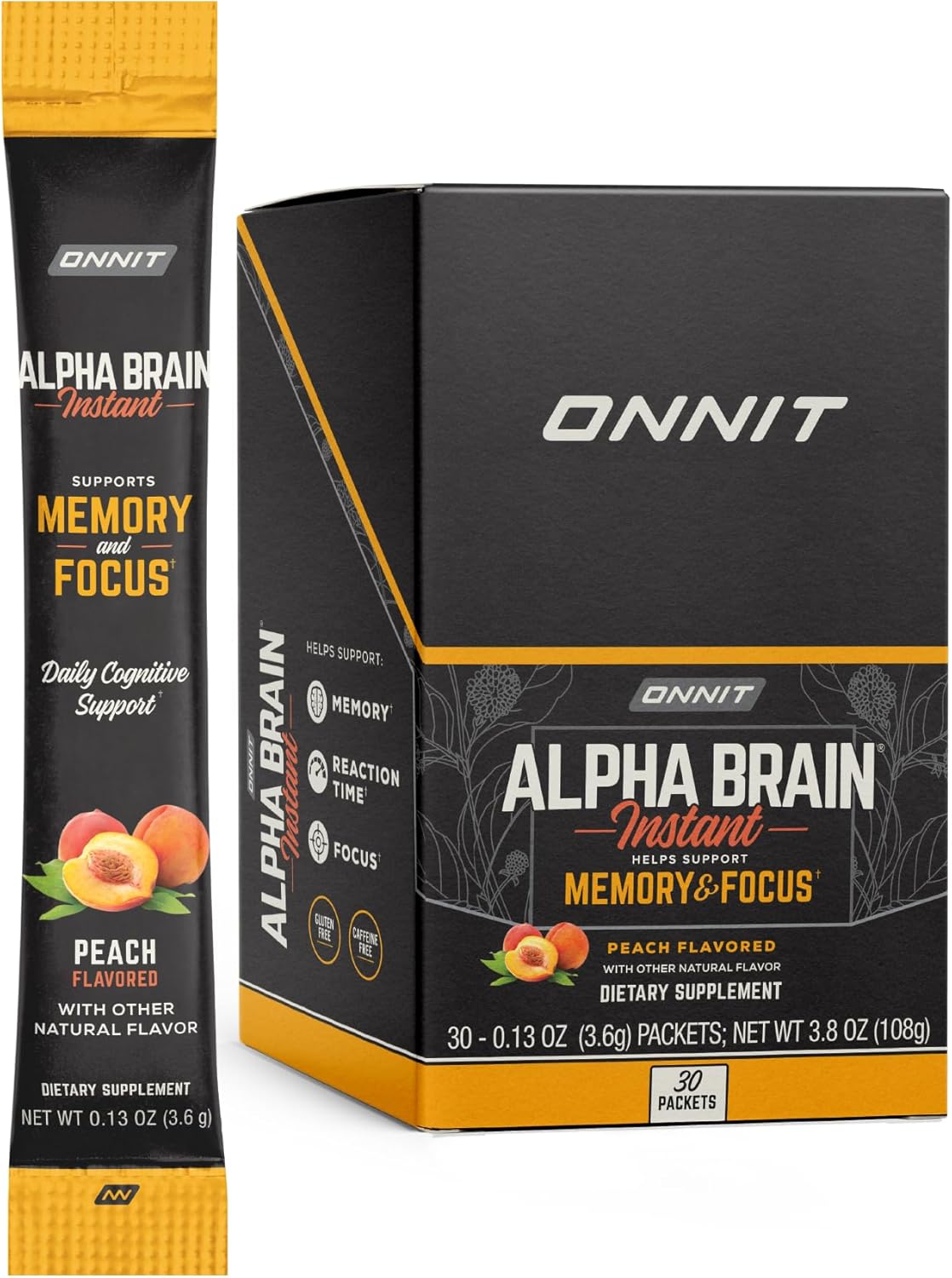 ONNIT Alpha Brain Instant Peach Flavor - Nootropic Memory Supplement for Focus, Energy, and Clarity - Alpha GPC Choline, Cats Claw, L-Theanine, Bacopa - 30ct