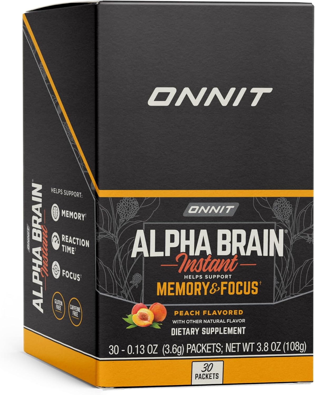 ONNIT Alpha Brain Instant Peach Flavor - Nootropic Memory Supplement for Focus, Energy, and Clarity - Alpha GPC Choline, Cats Claw, L-Theanine, Bacopa - 30ct