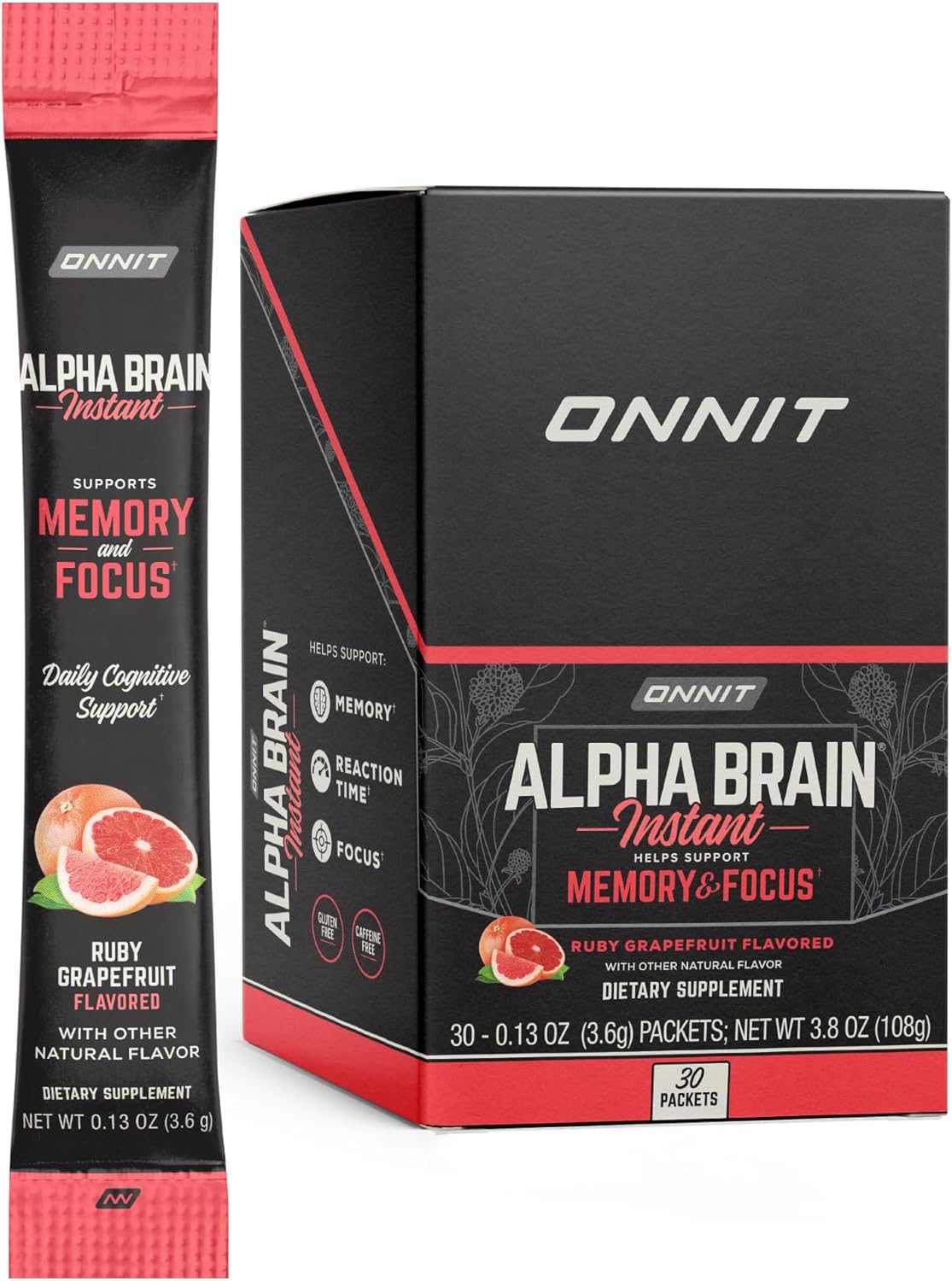 ONNIT Alpha Brain Instant Supplement - Ruby Grapefruit Flavor - Nootropic Brain Booster for Focus, Energy & Clarity - Alpha GPC Choline, Cats Claw, L-Theanine, Bacopa - 30ct