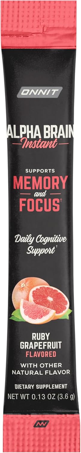 ONNIT Alpha Brain Instant Supplement - Ruby Grapefruit Flavor - Nootropic Brain Booster for Focus, Energy & Clarity - Alpha GPC Choline, Cats Claw, L-Theanine, Bacopa - 30ct