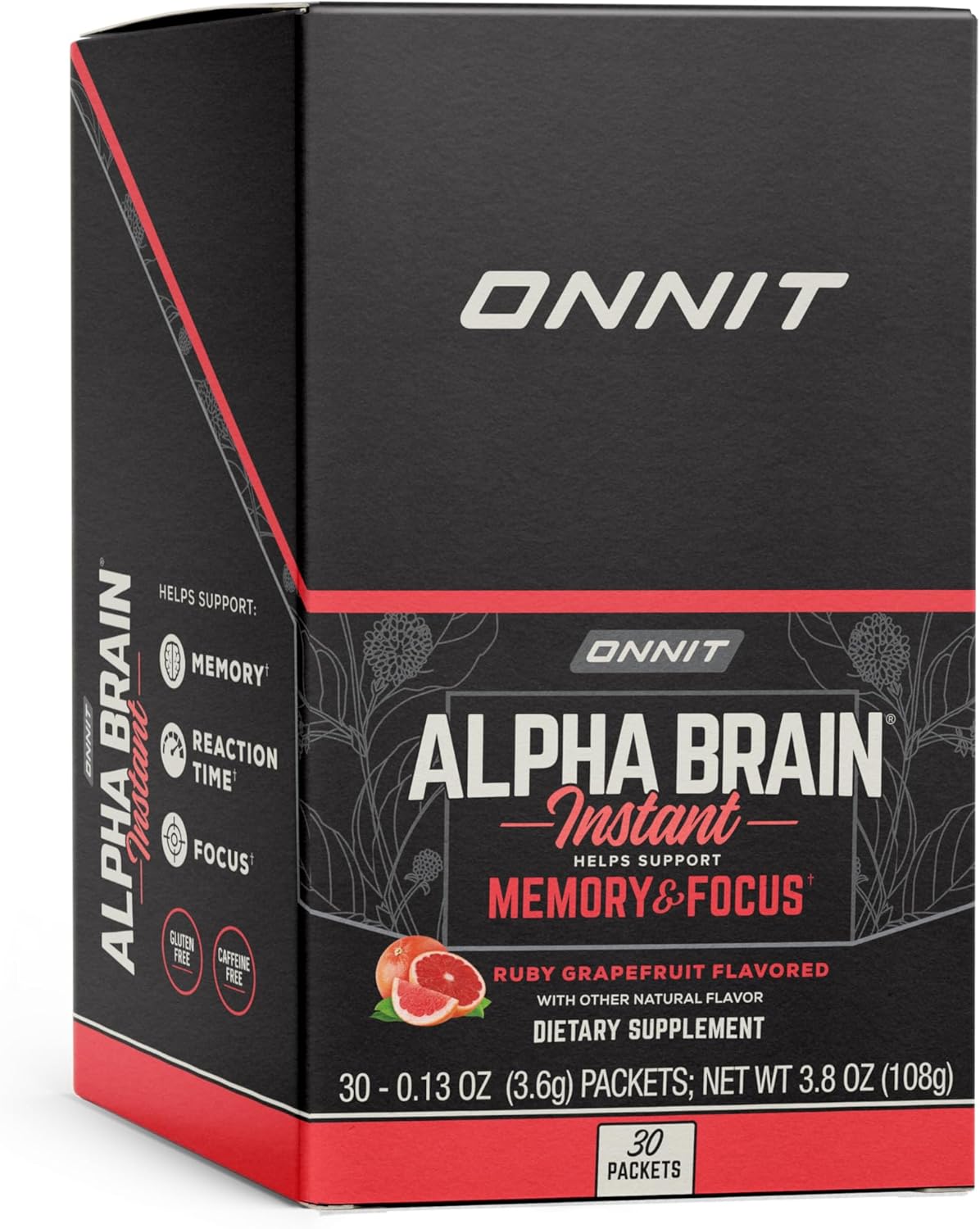 ONNIT Alpha Brain Instant Supplement - Ruby Grapefruit Flavor - Nootropic Brain Booster for Focus, Energy & Clarity - Alpha GPC Choline, Cats Claw, L-Theanine, Bacopa - 30ct