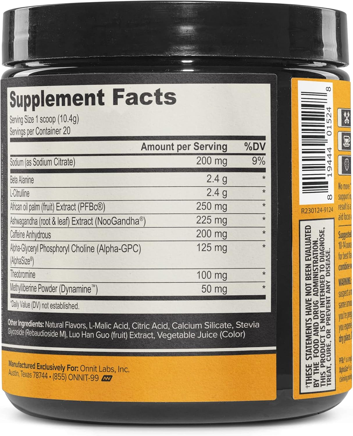 ONNIT Alpha Brain Pre-Workout Supplement in Yuzu Peach Flavor - 7.34 oz Tub (20 Servings)