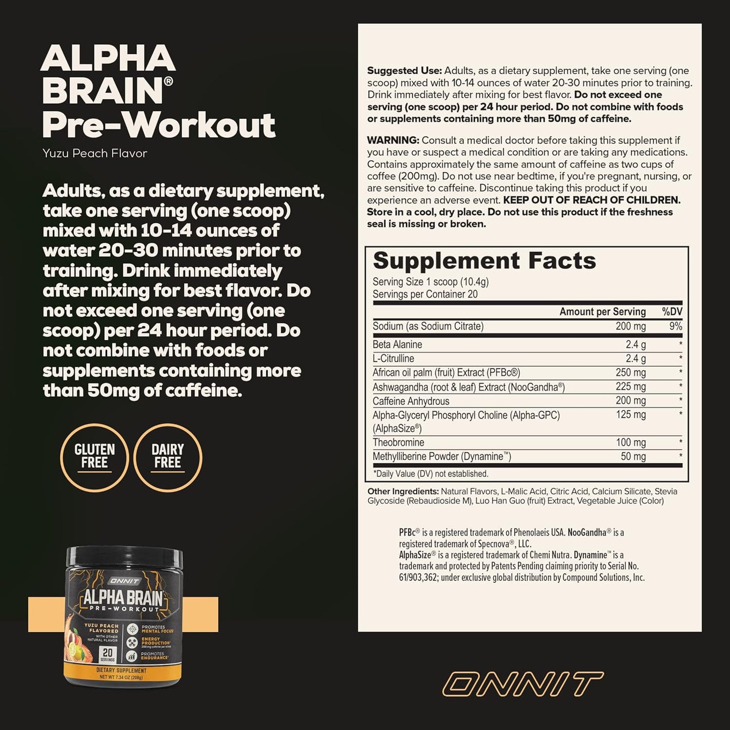 ONNIT Alpha Brain Pre-Workout Supplement in Yuzu Peach Flavor - 7.34 oz Tub (20 Servings)