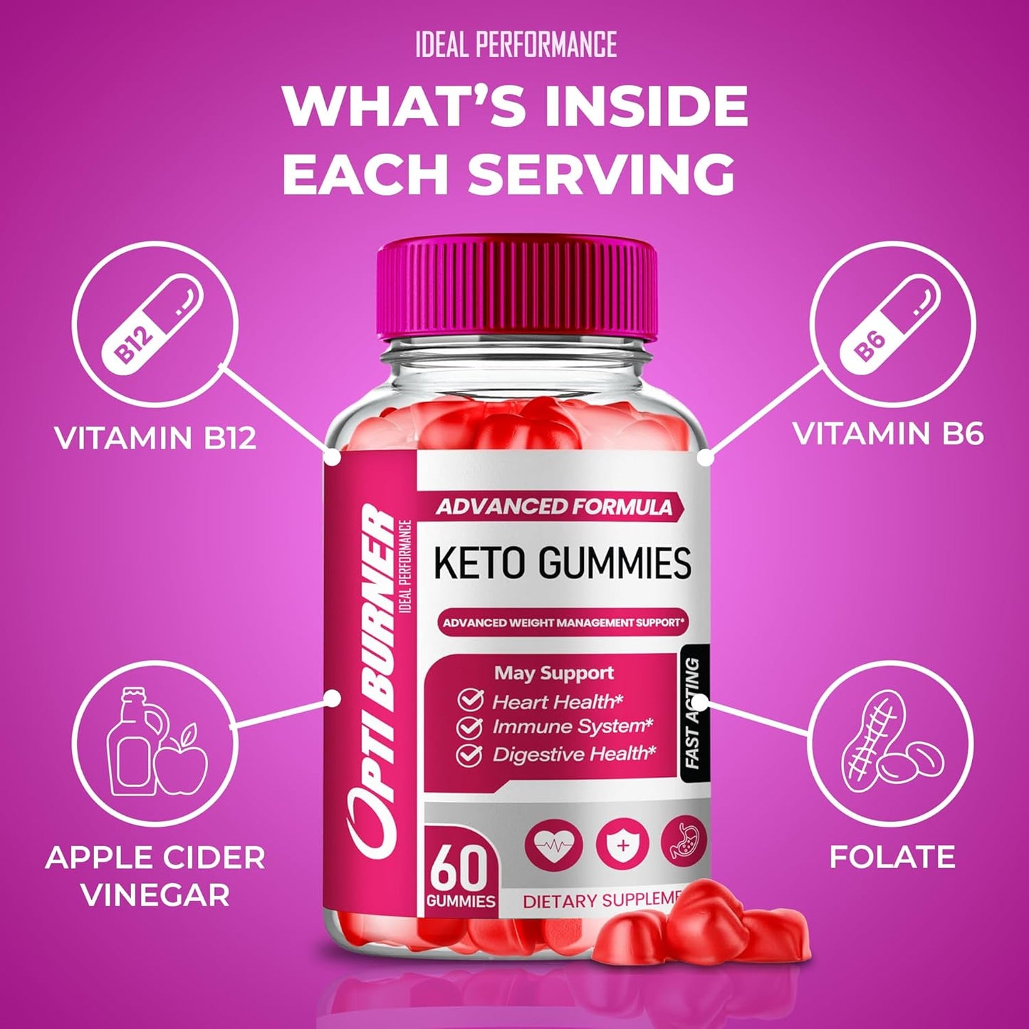 Optiburner Keto Apple Cider Vinegar Gummies 1000MG - Natural Energy Boost with Vitamin B12 and Pomegranate - 5 Pack of Optiburner ACV Keto Gummies - BoostGo Australia