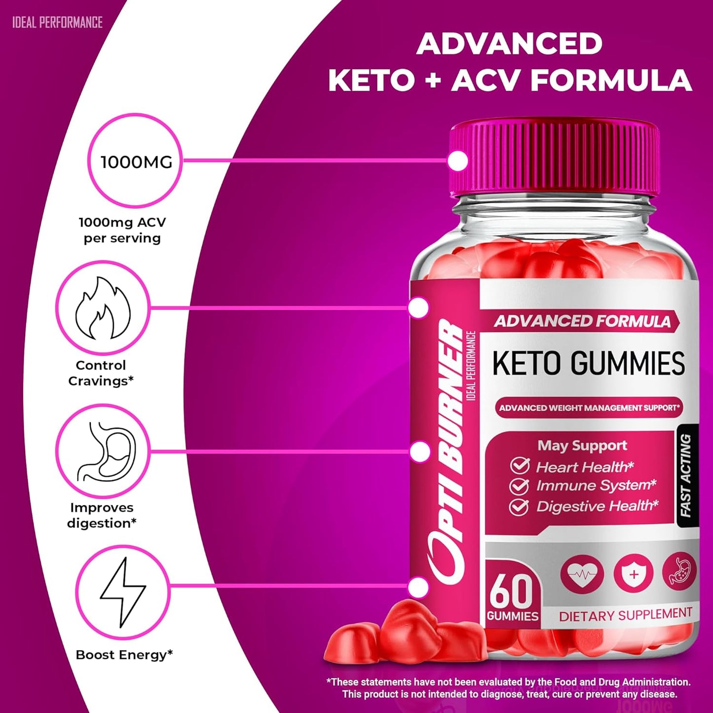 Optiburner Keto Apple Cider Vinegar Gummies 1000MG - Natural Energy Boost with Vitamin B12 and Pomegranate - 5 Pack of Optiburner ACV Keto Gummies - BoostGo Australia