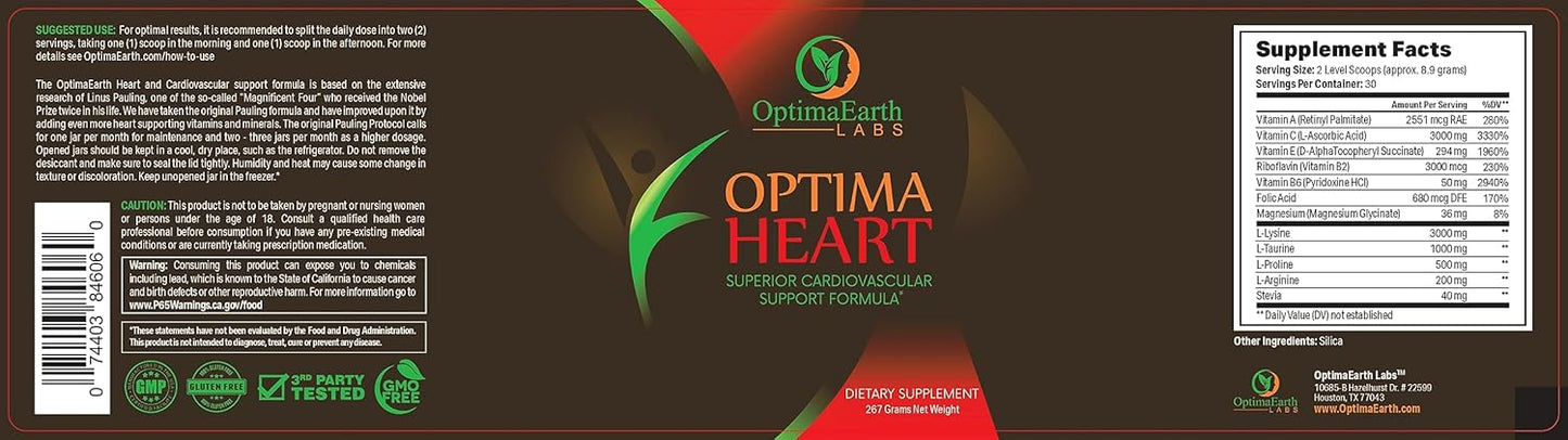 OptimaEarth Labs Optima Heart - High Potency Vitamin C & Lysine Supplement - 3000mg per Serving - General Health & Wellness Formula