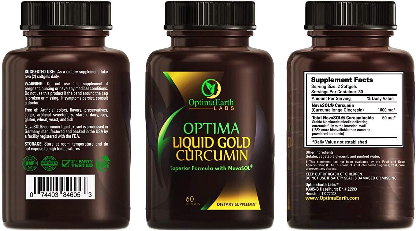 OptimaEarth Liquid Gold Curcumin with NovaSOL - Enhanced Absorption Turmeric Supplement for Joint and Immune Health - 185x More Bioavailable