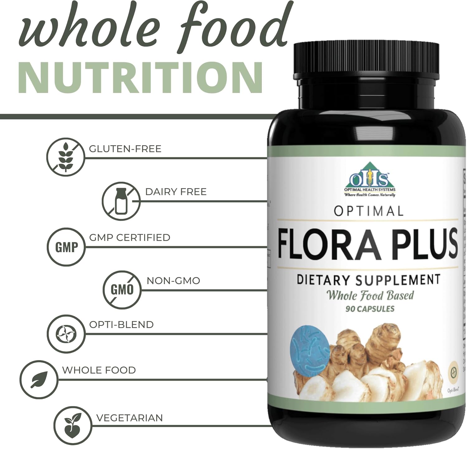 Optimal Health Systems Flora Plus Capsules - Enhanced Intestinal & Digestive Health Formula with 9 Patented Probiotics + Artichoke - 90 Count