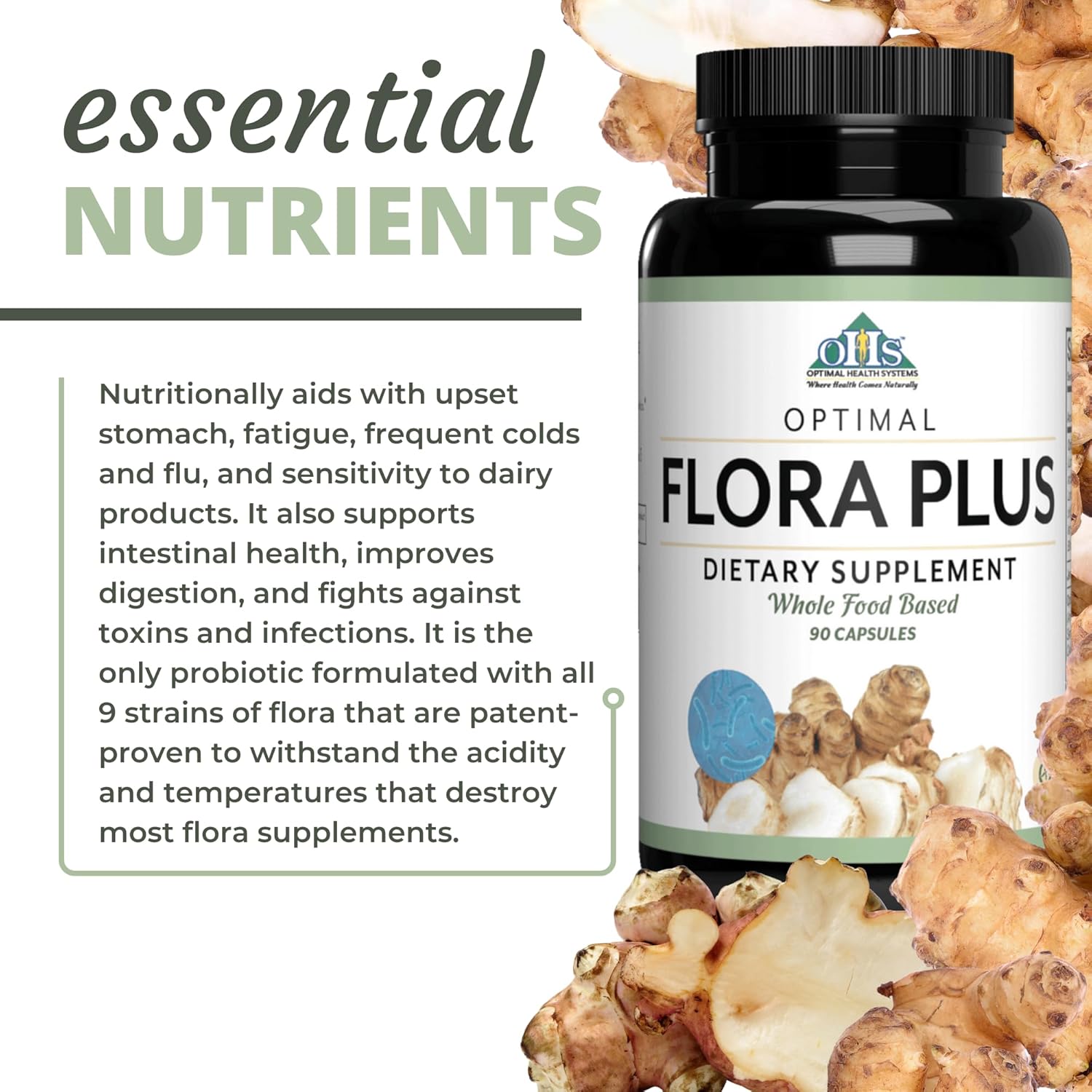 Optimal Health Systems Flora Plus Capsules - Enhanced Intestinal & Digestive Health Formula with 9 Patented Probiotics + Artichoke - 90 Count
