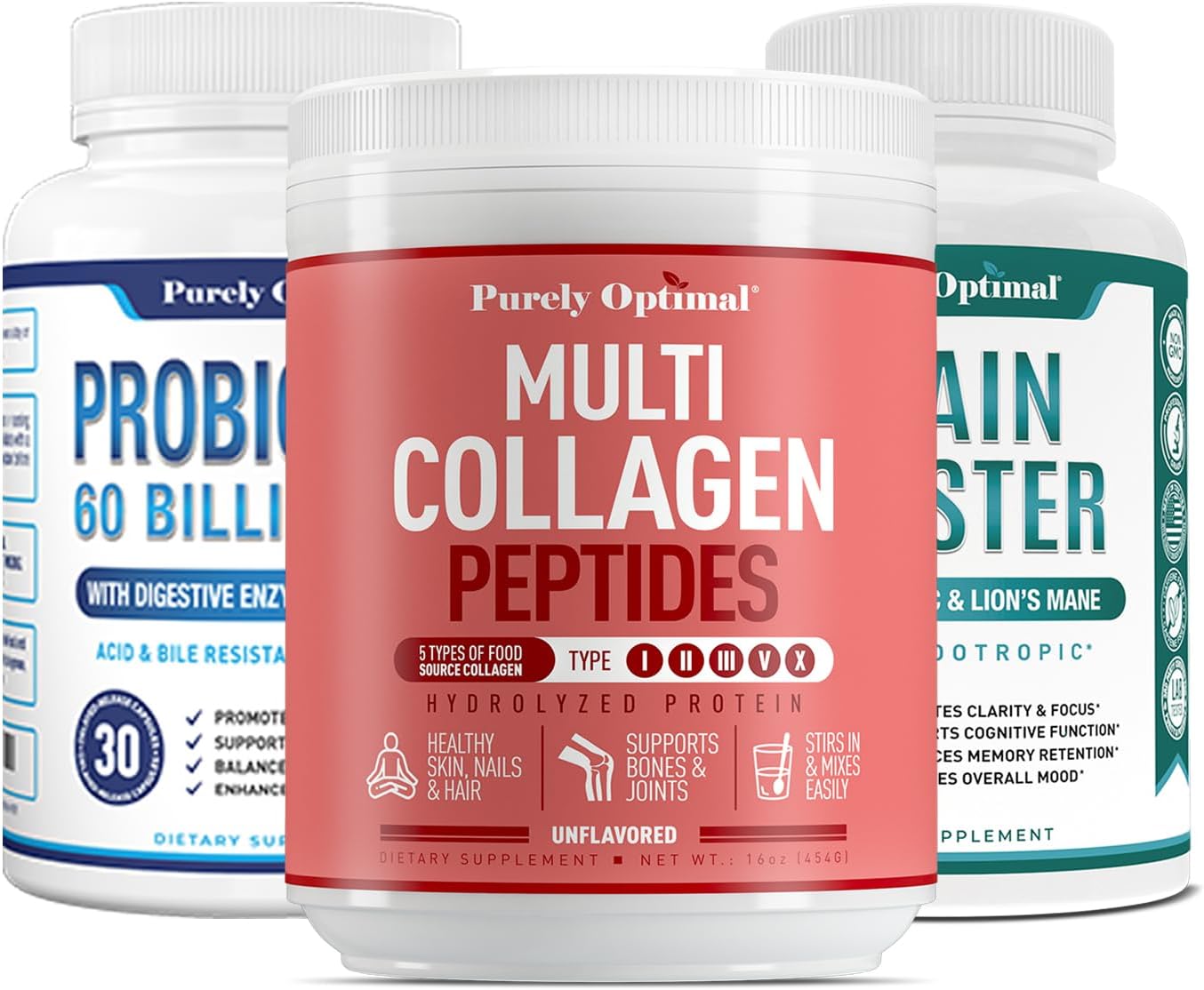 Optimal Probiotics 60 Billion CFU with Collagen Powder and Brain Support Booster