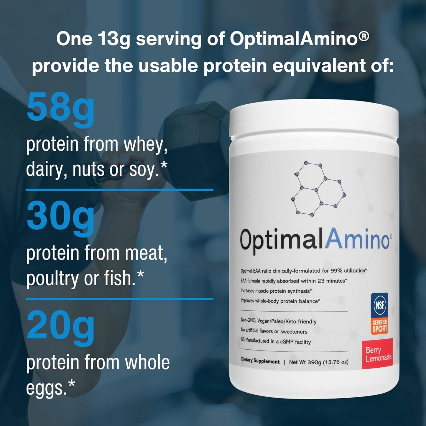 OptimalAmino®: NSF Certified Best Pre/Post Workout Recovery Drink, 99% Utilization Amino Acid Supplement
