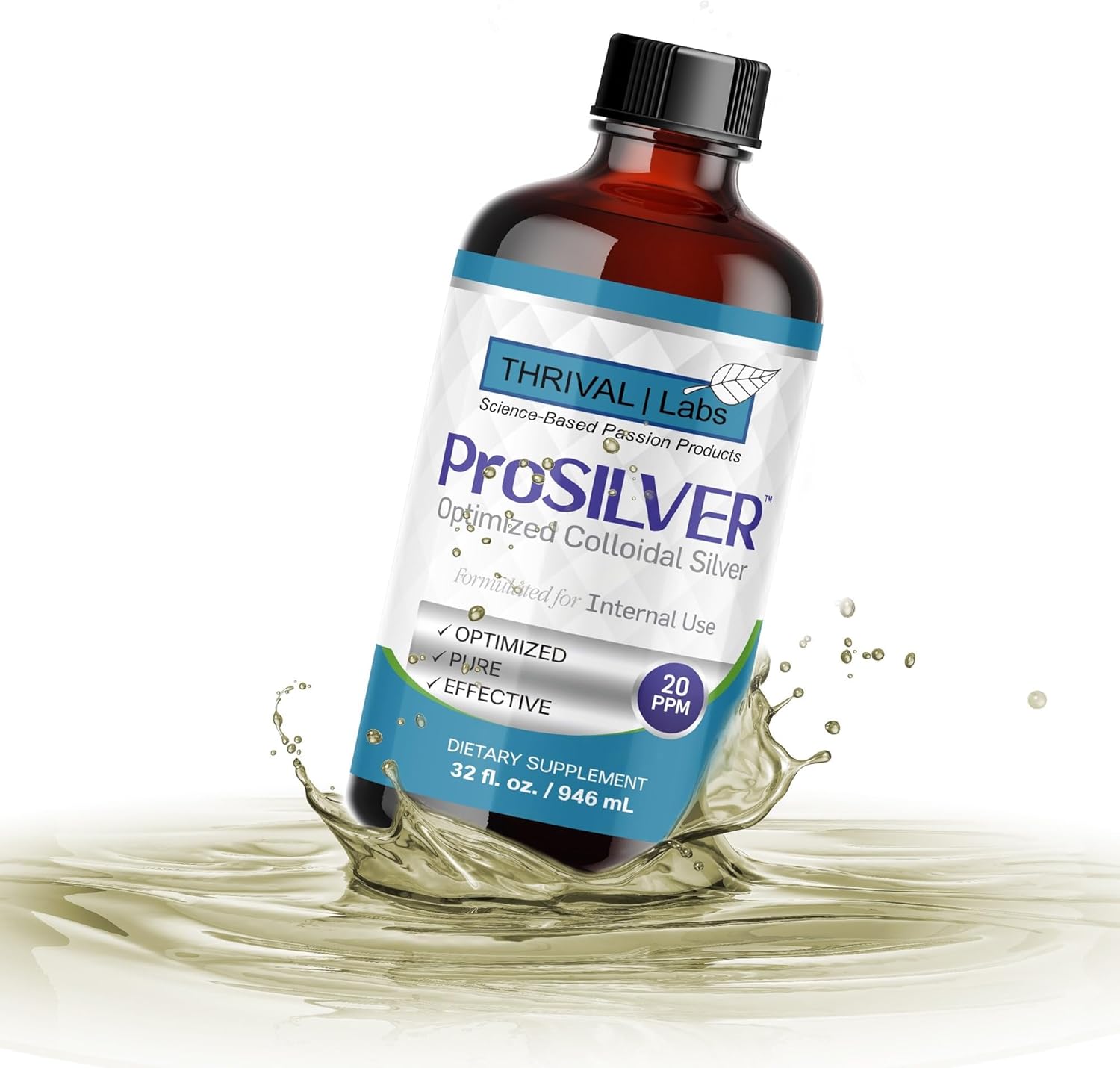 Optimized ProSILVER Blue Label 20 PPM Colloidal Silver Liquid (32oz) for Immune Support by Thrival Labs