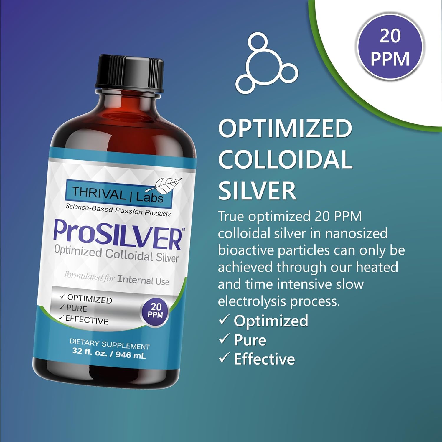 Optimized ProSILVER Blue Label 20 PPM Colloidal Silver Liquid (32oz) for Immune Support by Thrival Labs