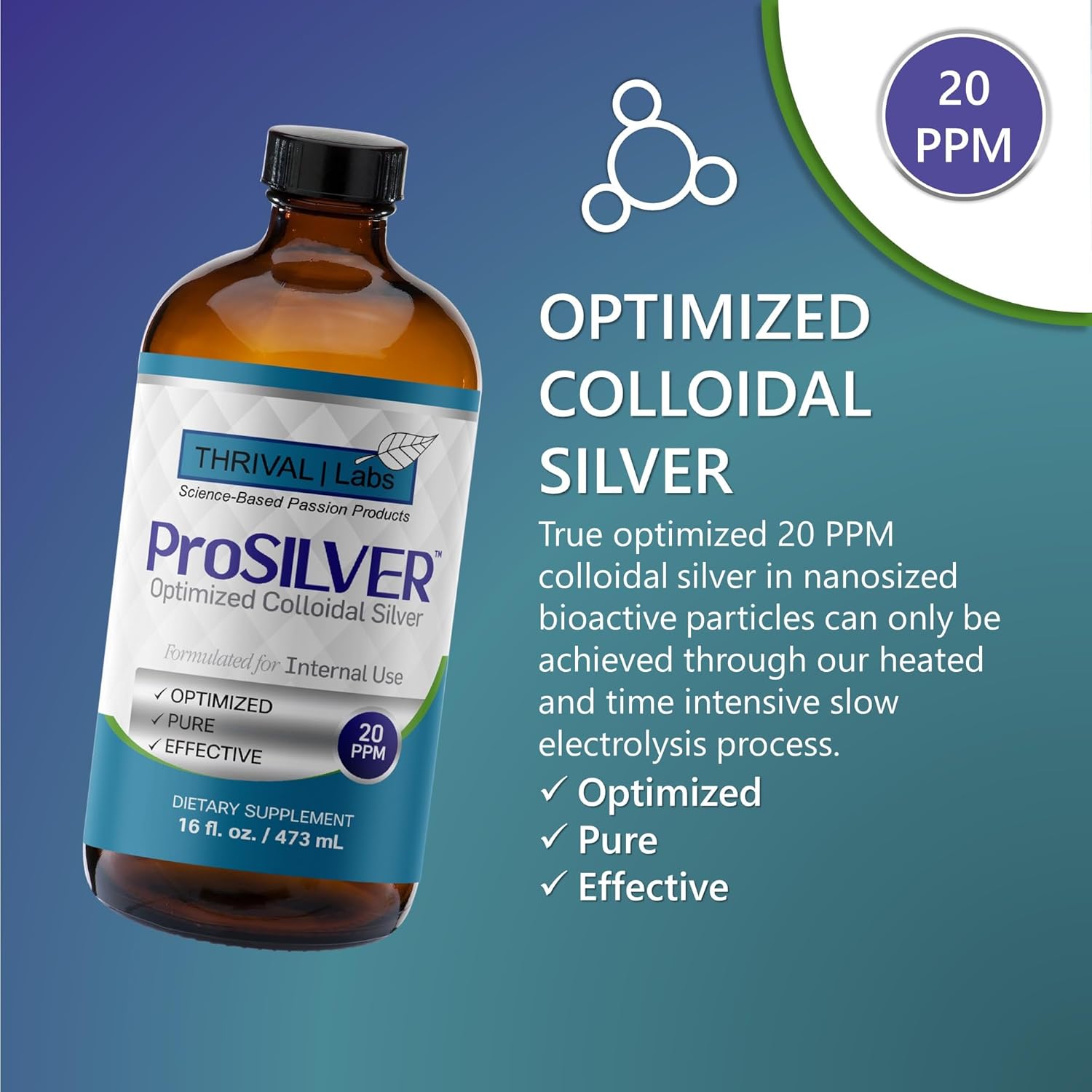 Optimized ProSILVER Blue Label 20 PPM Colloidal Silver Liquid (16oz) for Immune Support - Thrival Labs