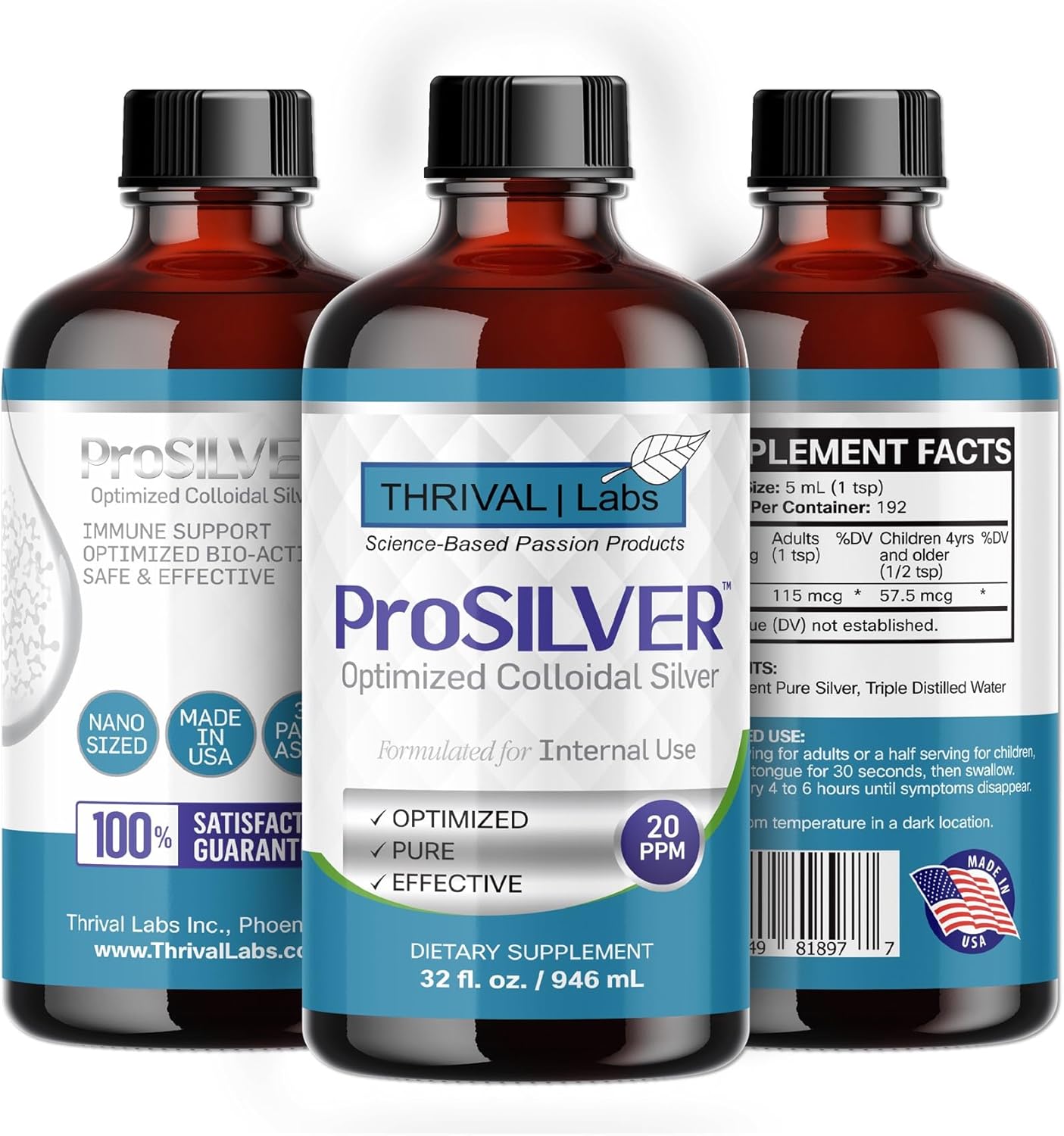 Optimized ProSILVER Blue Label 20 PPM Colloidal Silver Liquid (32oz) for Immune Support by Thrival Labs