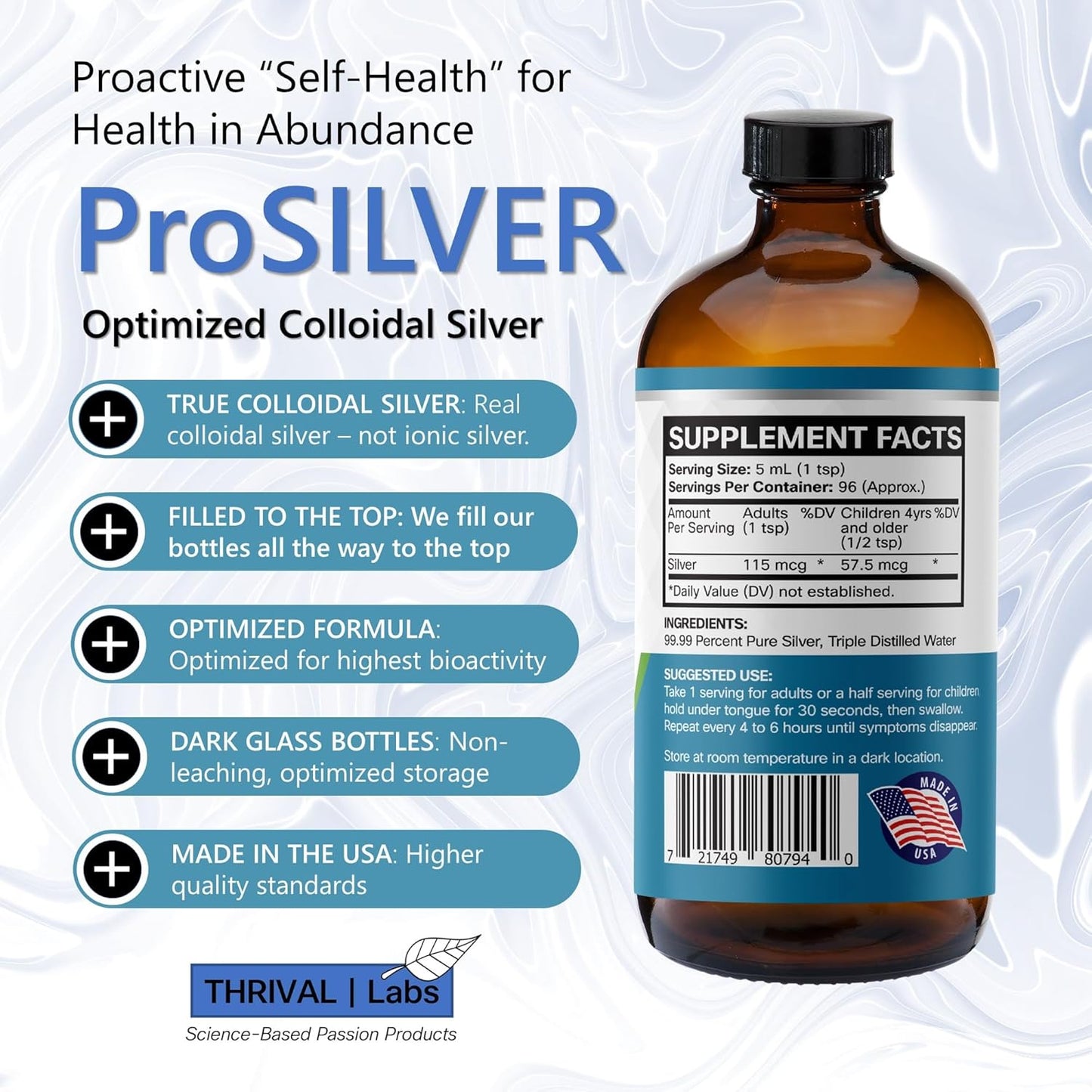 Optimized ProSILVER Blue Label 20 PPM Colloidal Silver Liquid (16oz) for Immune Support - Thrival Labs