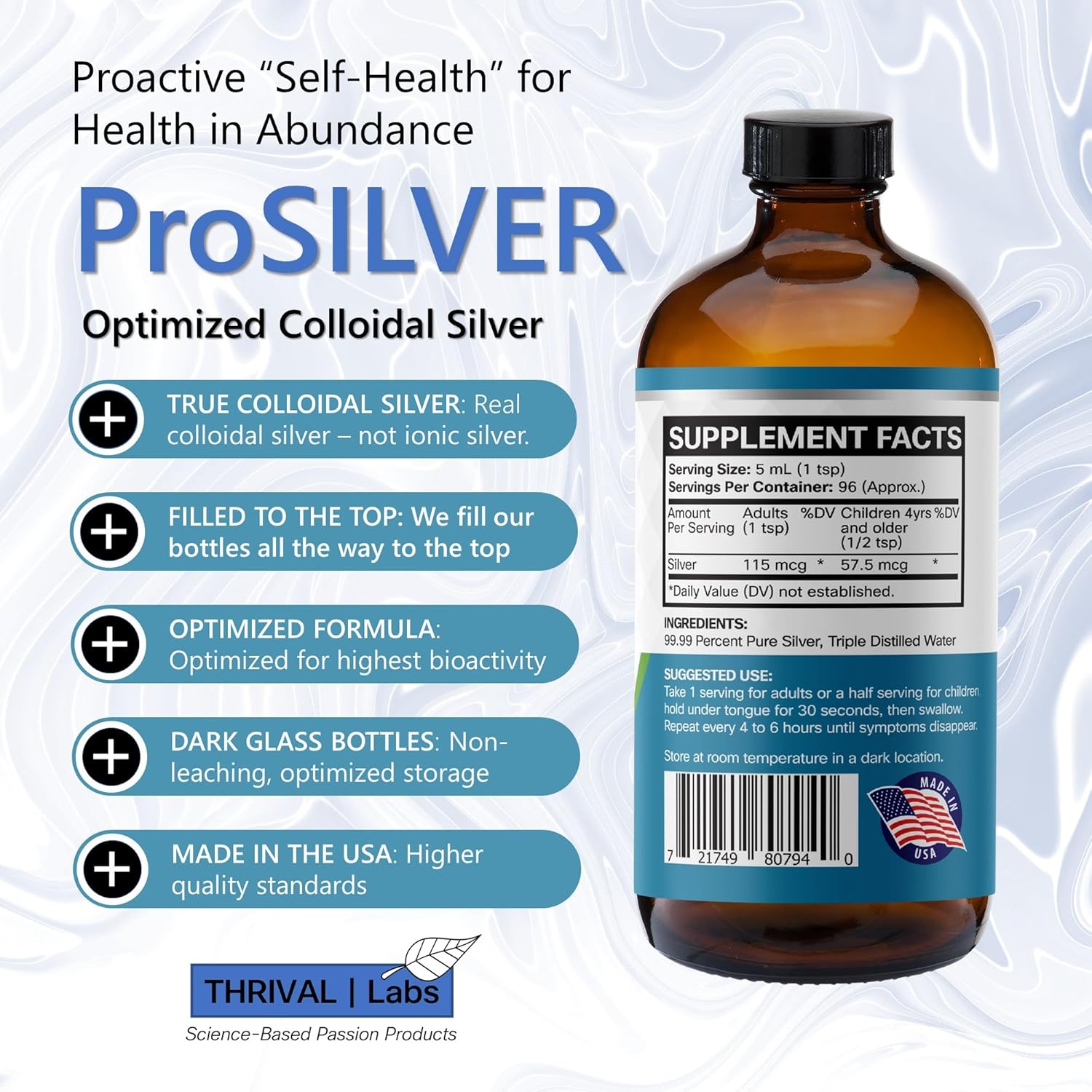 Optimized ProSILVER Blue Label 20 PPM Colloidal Silver Liquid (16oz) for Immune Support - Thrival Labs