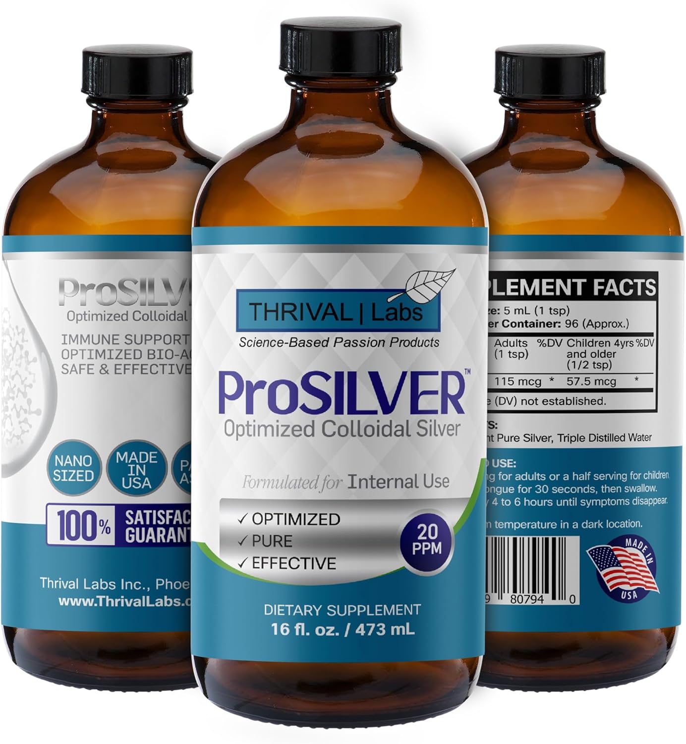Optimized ProSILVER Blue Label 20 PPM Colloidal Silver Liquid (16oz) for Immune Support - Thrival Labs