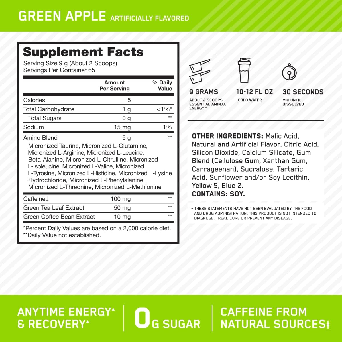 Optimum Nutrition Amino Energy Green Apple Flavor, 65 Servings, 1.29 lb with Green Tea & Green Coffee Extracts