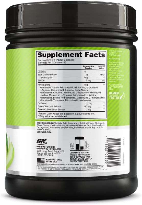 Optimum Nutrition Amino Energy Green Apple Flavor, 65 Servings, 1.29 lb with Green Tea & Green Coffee Extracts