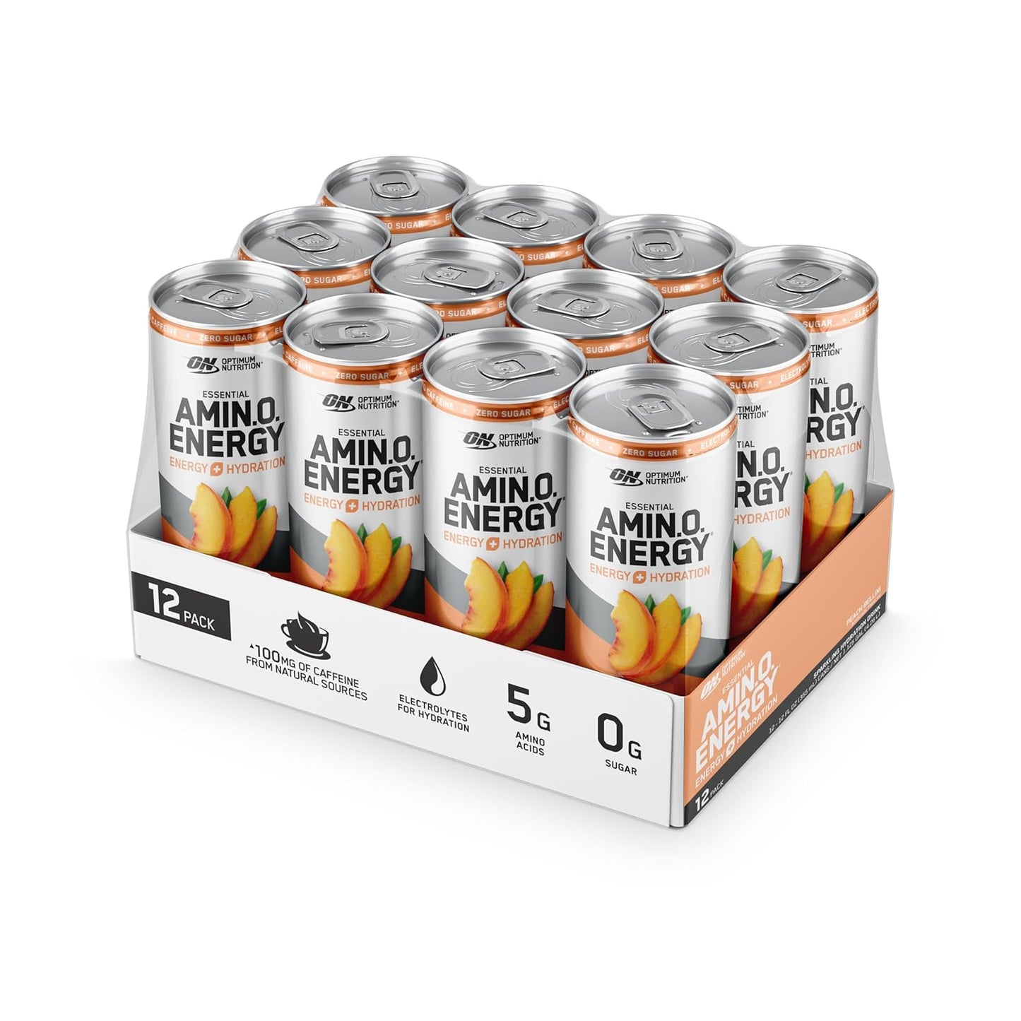 Optimum Nutrition Amino Energy Peach Bellini Sparkling Hydration Drink, 12 Fl Oz, 12 Pack - Electrolytes, Caffeine, Amino Acids, BCAAs - Sugar Free