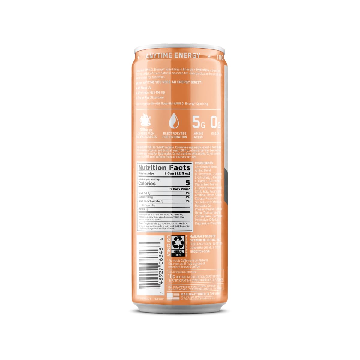 Optimum Nutrition Amino Energy Peach Bellini Sparkling Hydration Drink, 12 Fl Oz, 12 Pack - Electrolytes, Caffeine, Amino Acids, BCAAs - Sugar Free