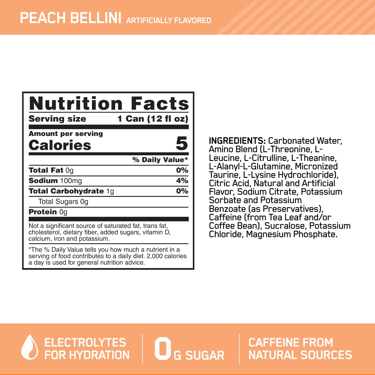 Optimum Nutrition Amino Energy Peach Bellini Sparkling Hydration Drink, 12 Fl Oz, 12 Pack - Electrolytes, Caffeine, Amino Acids, BCAAs - Sugar Free
