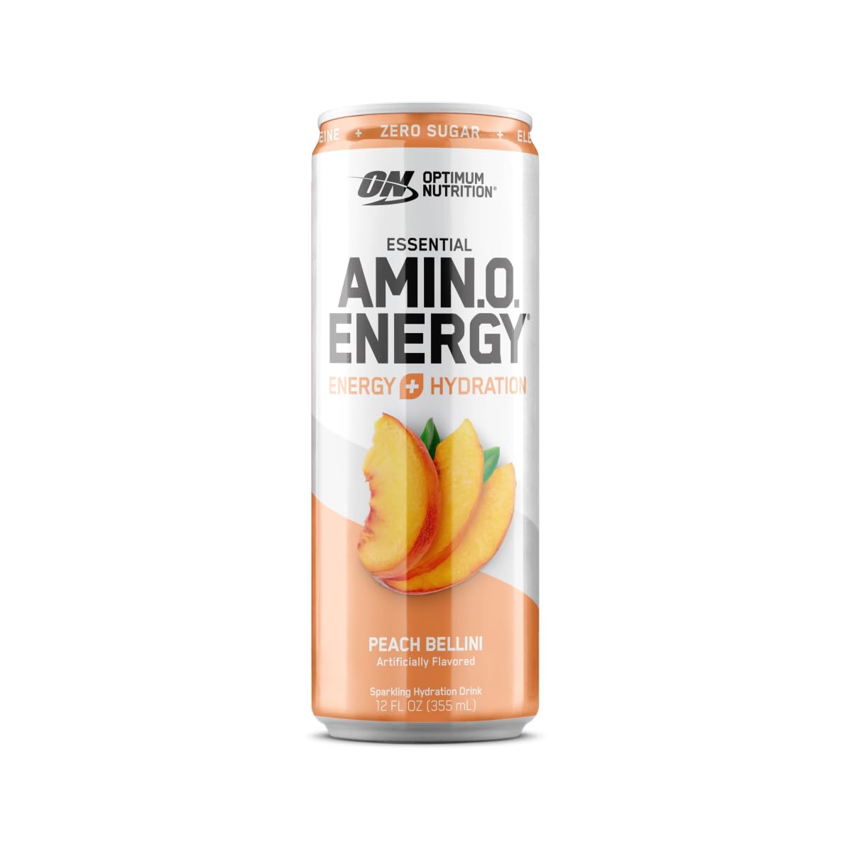 Optimum Nutrition Amino Energy Peach Bellini Sparkling Hydration Drink, 12 Fl Oz, 12 Pack - Electrolytes, Caffeine, Amino Acids, BCAAs - Sugar Free