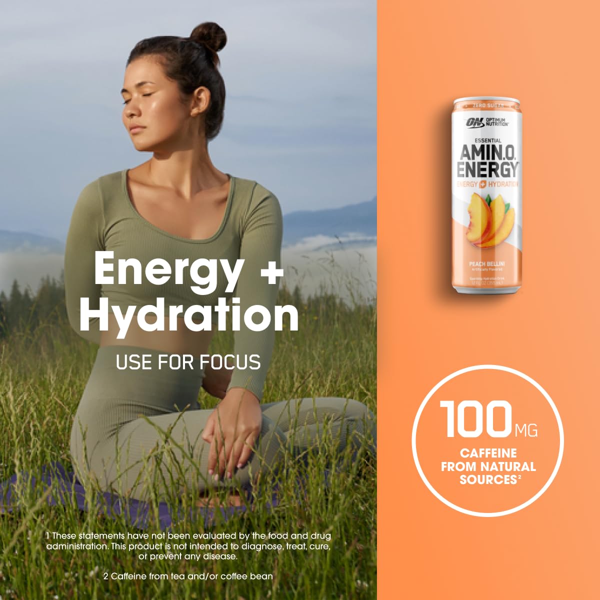 Optimum Nutrition Amino Energy Peach Bellini Sparkling Hydration Drink, 12 Fl Oz, 12 Pack - Electrolytes, Caffeine, Amino Acids, BCAAs - Sugar Free