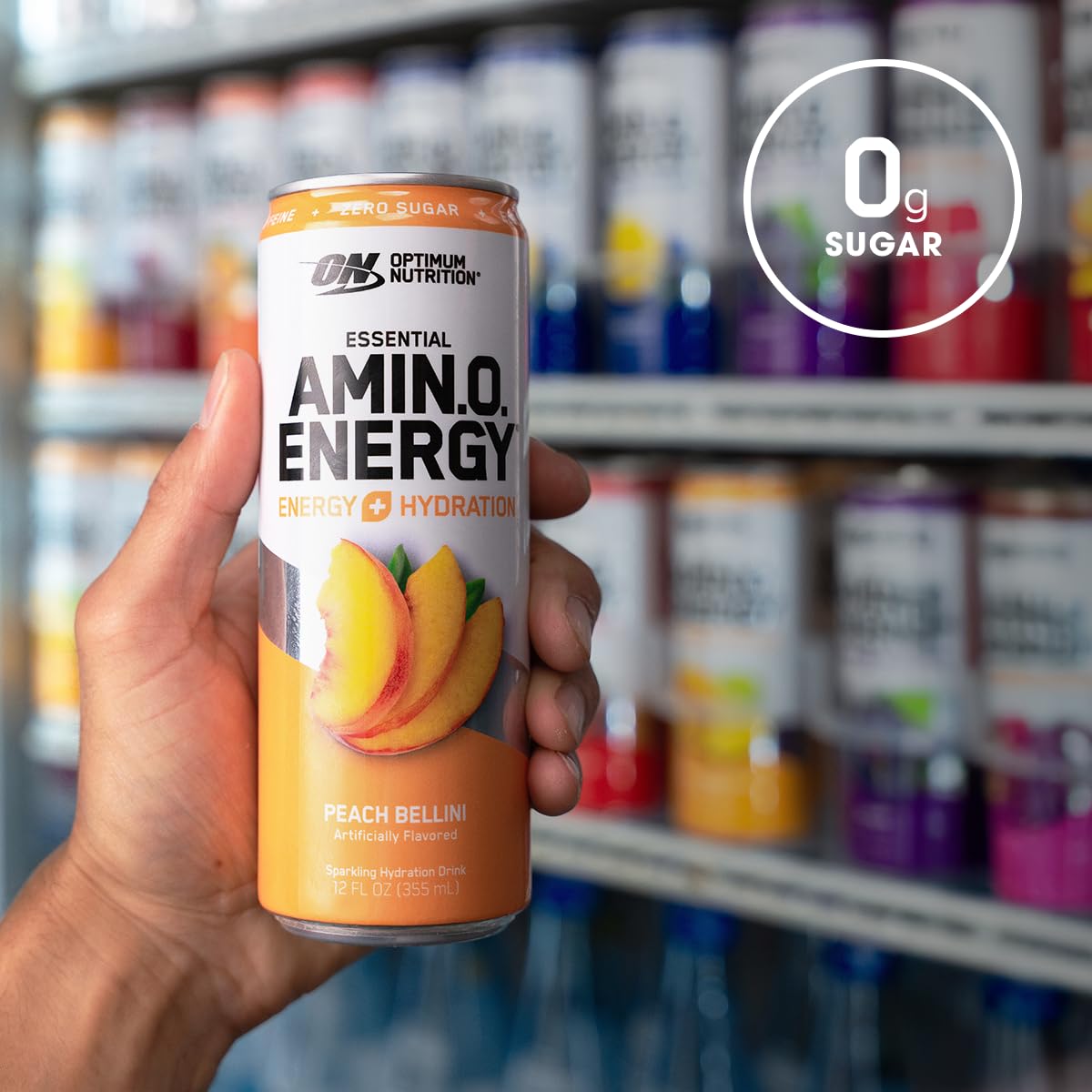 Optimum Nutrition Amino Energy Peach Bellini Sparkling Hydration Drink, 12 Fl Oz, 12 Pack - Electrolytes, Caffeine, Amino Acids, BCAAs - Sugar Free
