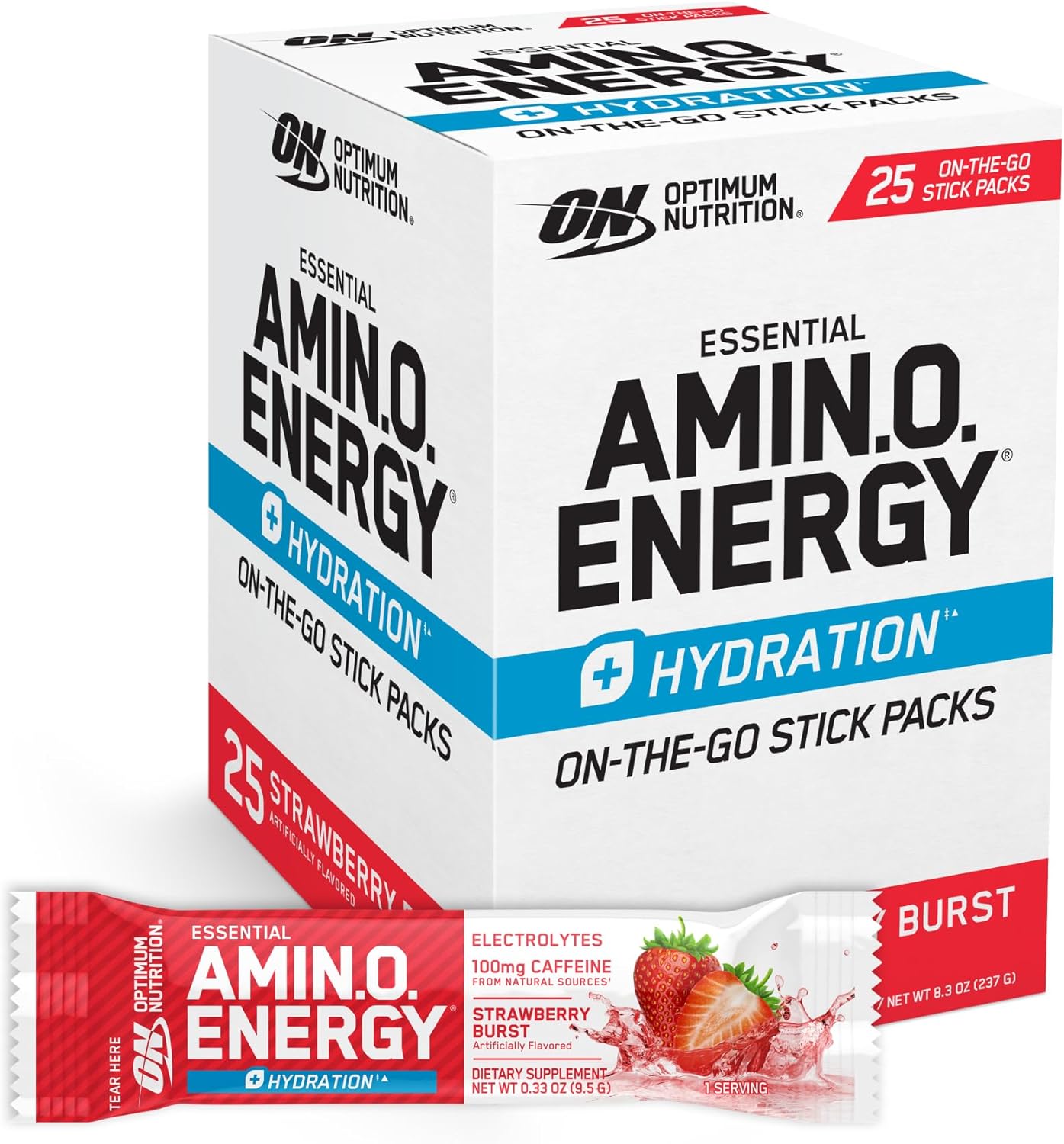 Optimum Nutrition Amino Energy Plus Hydration Strawberry Burst Stick Packs, 25 Pack - On-The-Go Energy Powder
